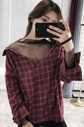 V-Neck Retro Plaid Fishnet Blouse Shirt
